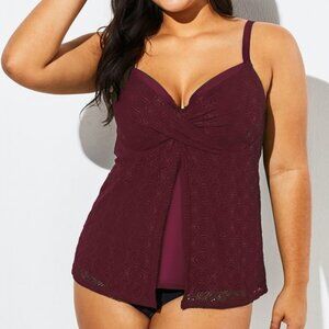NWT Wine Flyaway Flowy Twist Front Tankini Top, 3XL